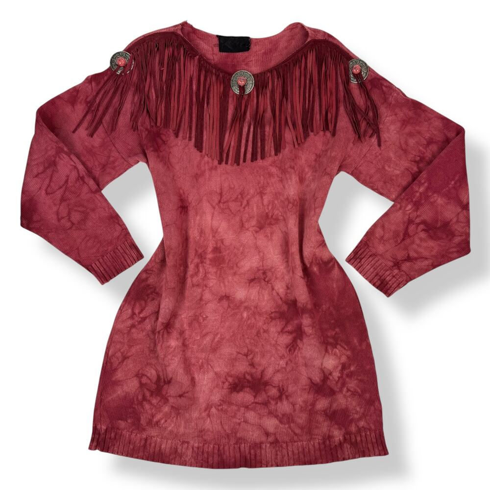 Vintage cowgirl western red cotton tie-dyed fringe sweater dress - Picture 7 of 14